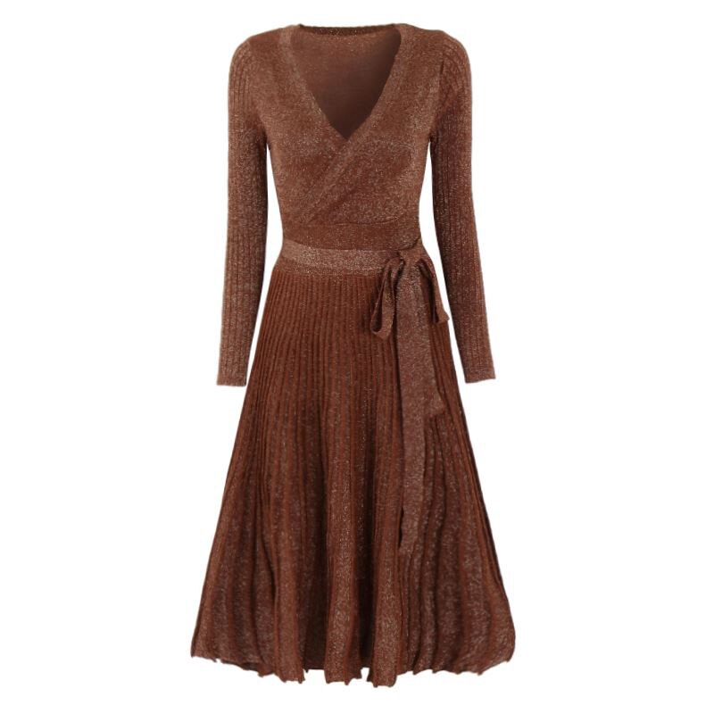 Spring Pleated Large Hem V Collar High Waist Lace Up Shiner Lurex Knitted Elastic Dress Women Vintage Clothing C-006: Khaki