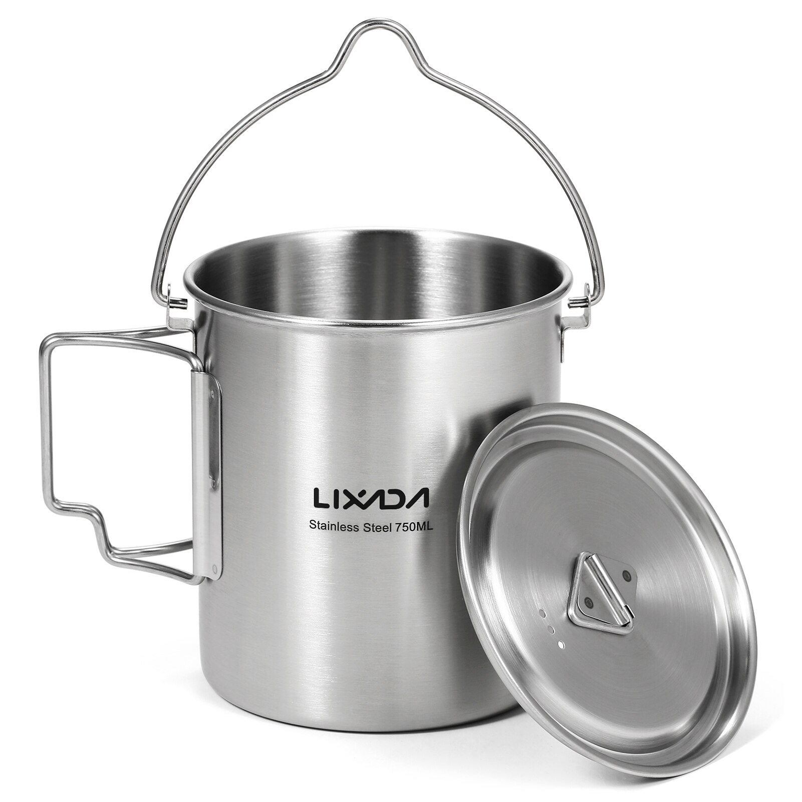 750ml Stainless Steel Pot Portable Water Mug Cup with Lid and Foldable Handle Outdoor Camping Cooking Picnic