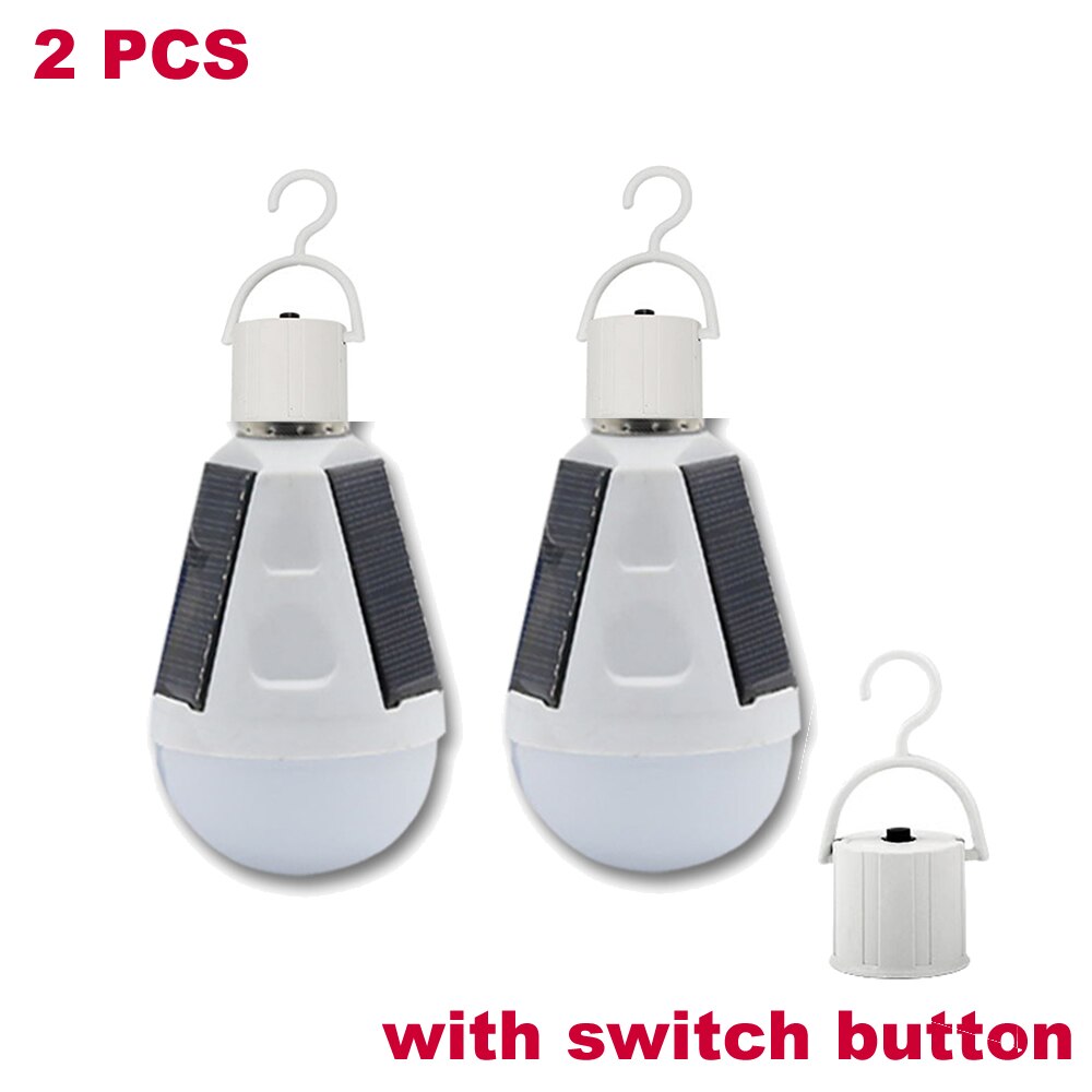 Solar Lamp Powered Portable Led Bulb Light Solar Energy Lamp Led Lighting Solar Panel Camp Tent Night indoor Fishing Light hook: switch button 2pcs