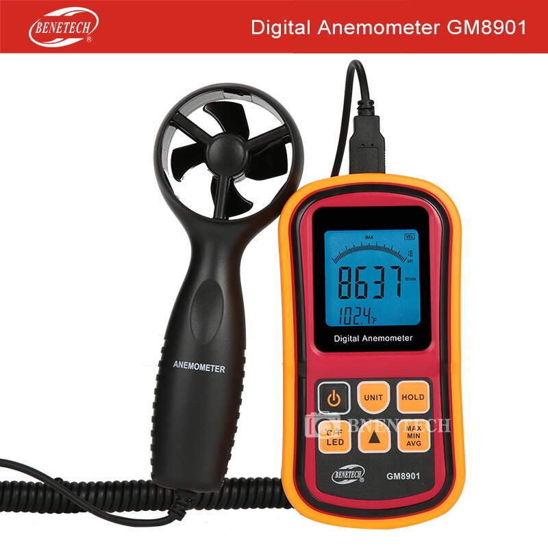 GM816 Digital Mini Anemometer Wind Speed Gauge Meter LCD Handheld Airflow Windmeter Thermometer: GM8901
