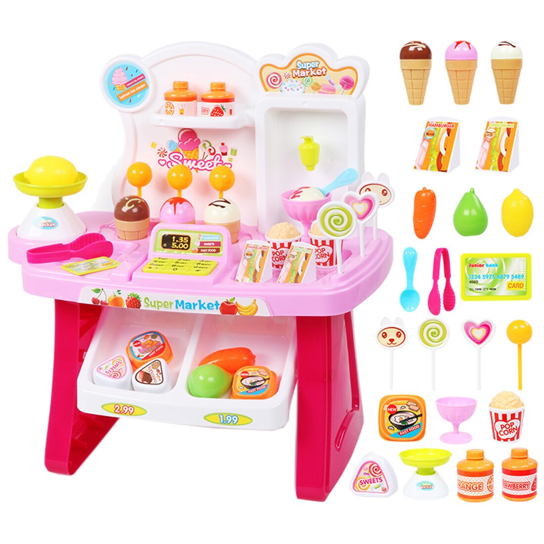 34 stk / sæt børn mini supermarked legesæt foregiver shopping marked legestand dagligvarer legetøj med lys og lyd - blå / lyserød: Lyserød