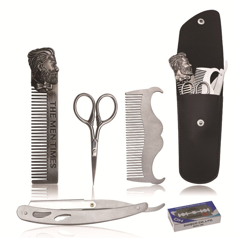 Beard Grooming Kit 5pcs Trimming Shaving brush Comb Beard Set Mustache Scissors Straight Razor Shaping Shave Brush Tools: HT001D