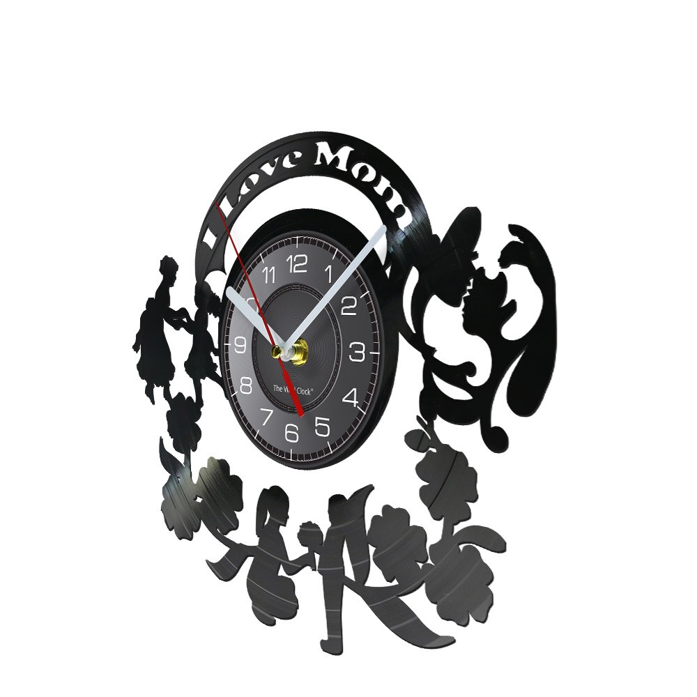 I Love Mom Wall Sign Wall Clock Mom Day Vintage Vinyl Record Wall Clock Mother and Kids with Flowers Home Decor Mothers Day