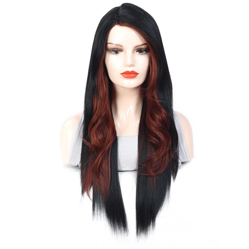 X-TRESS Split Color 2 Part Splice Wigs Black & Dark Red Heat Resistant Trendy Lace Front Synthetic Wig for White Women 26 Inches: HL350