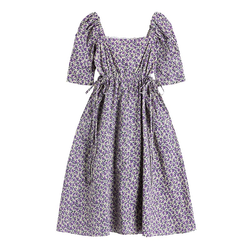 Summer Purple Floral Print Dress Women Stylish Puff Short Sleeve Dresses French Sweet Lace Up Hollow Out Frcoks: L