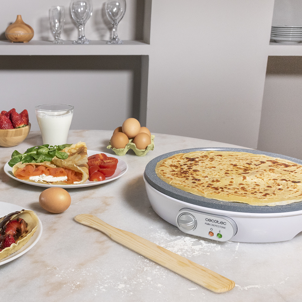 Cecotec Crepera eléctrica Fun Crepestone 1000W con Revestimiento RockStone y Potencia Regulable Blanco Plancha Cocina Fácil de Limpieza Uso Seguro Placa de 30,5 cm Rodillo Esparcidor de Masa y Espátula