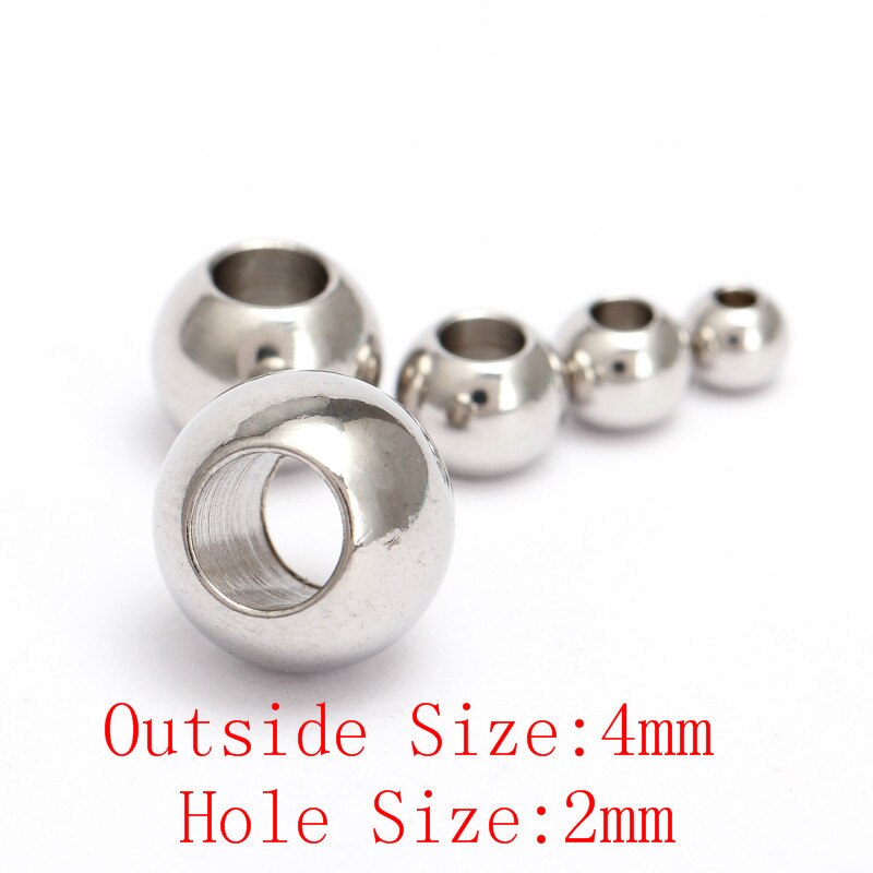 50 stuks/partij ronde kralen van roestvrij staal, zilverkleurig, 2 3 4 5 6 7 8mm met groot gat, europese ruimtekralen voor doe-het-zelf sieraden: 4mm met 2mm gaten