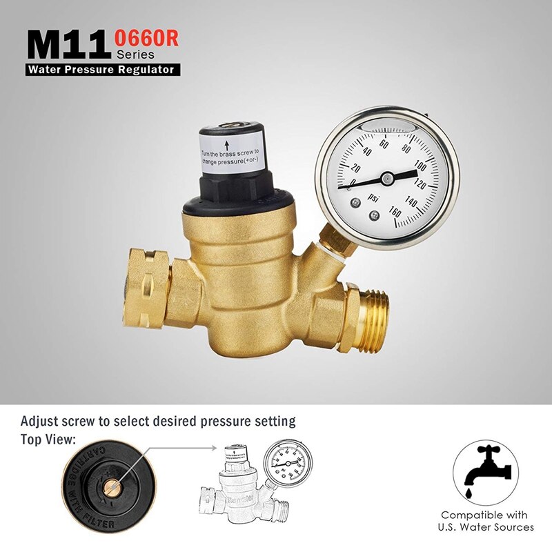 M11-0660R ciśnieniowy zawór nadmiarowy wody mosiądz bezołowiowy regulowany reduktor ciśnienia wody z manometrem na samochód kempingowy