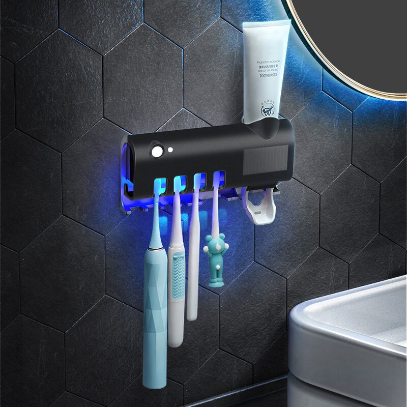 PEISI UV Toothbrush Holder Sterilizer Toothpaste Squeezer Dispenser LED Displayed Timming Disinfection Bathroom Accessories Set: B Black