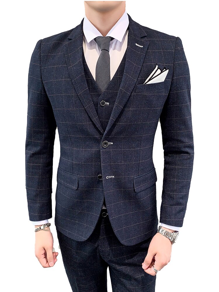 ( Blazer+ Vest + Pants) Men's Plaid Wedding Dress Groom Wedding Suit Boutique Business British Suit Plaid Formal Suit