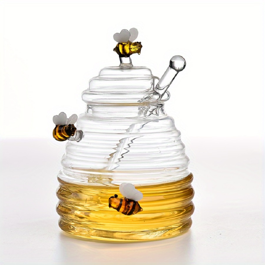 Glass Honey Jar with Dipper & Lid, Cute Bee Decor Honey Pot, 14oz Clear Glass Honey Container for Kitchen: Default Title