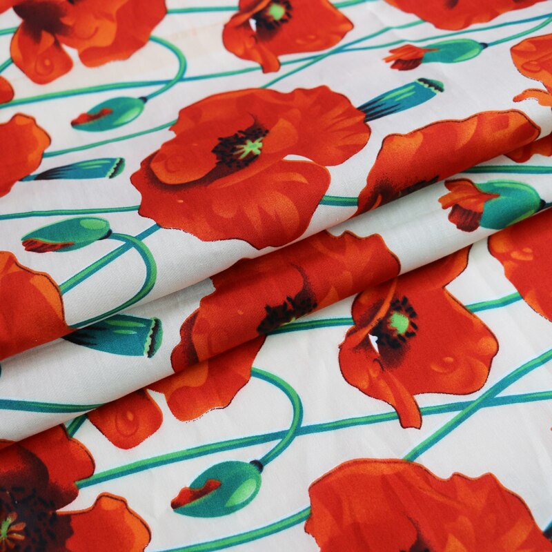 Poplin Stof 100% Bomuld - 50cm x 147cm - Printet Store Blomster - Til Syning og Patchwork