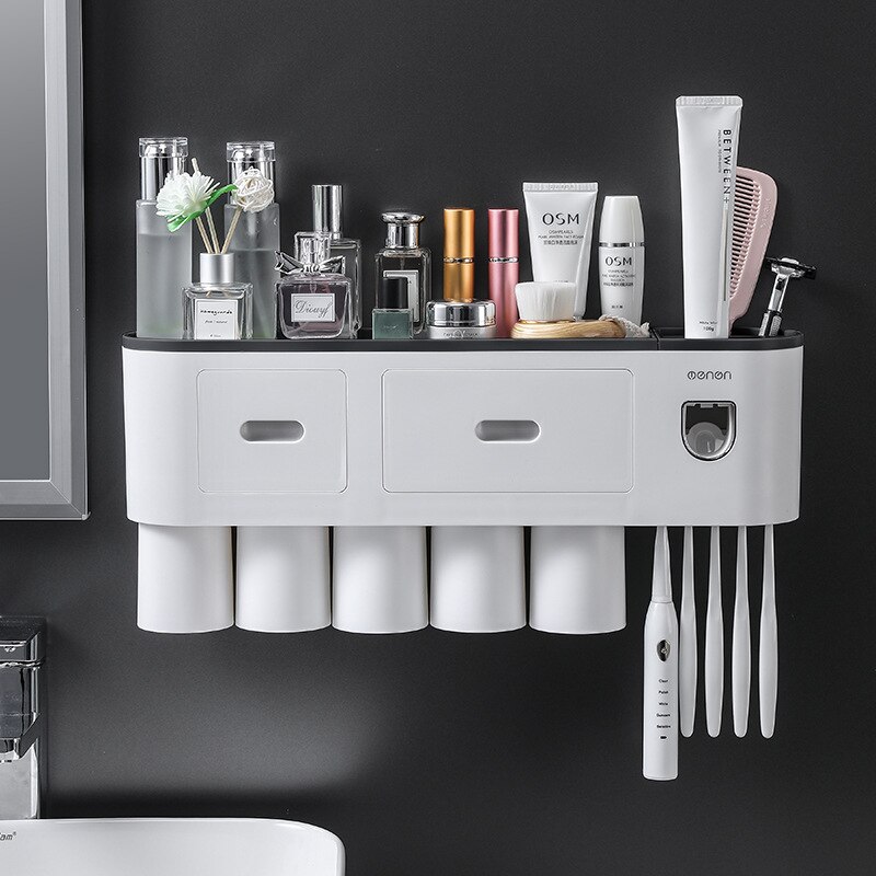 Magnetic Adsorption Toothbrush Holder Automatic Toothpaste Squeezer Home Storage Shelves Wall-mounted Bathroom Accessories Set: 5 Cups Black