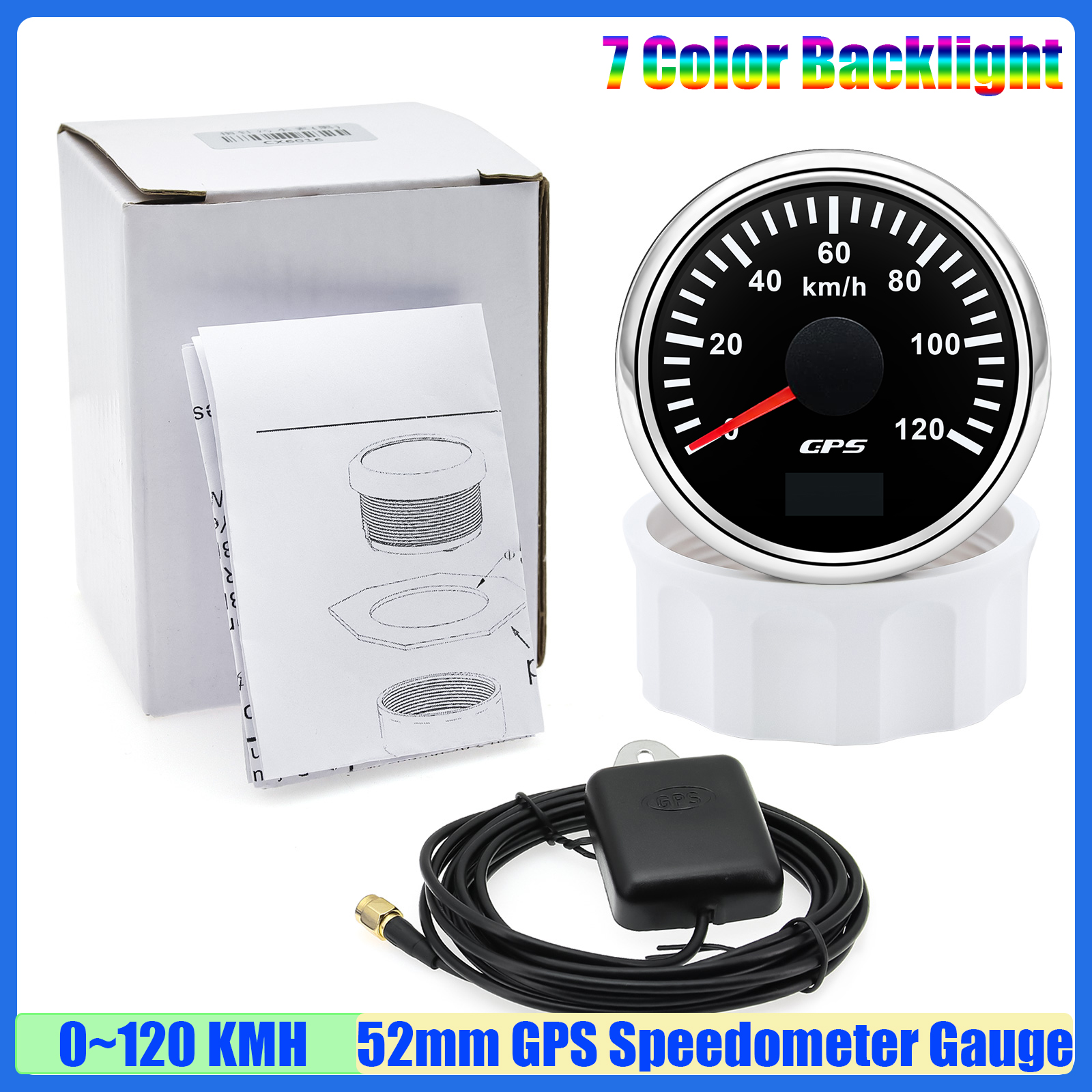 30 km/t 60 km/t 80 km/t 120 km 200 t gps-speedometer med antenne 7- farvet led-hastighedsmåler kilometertæller auto bil båd 12 v 24v brugerdefineret: Rød