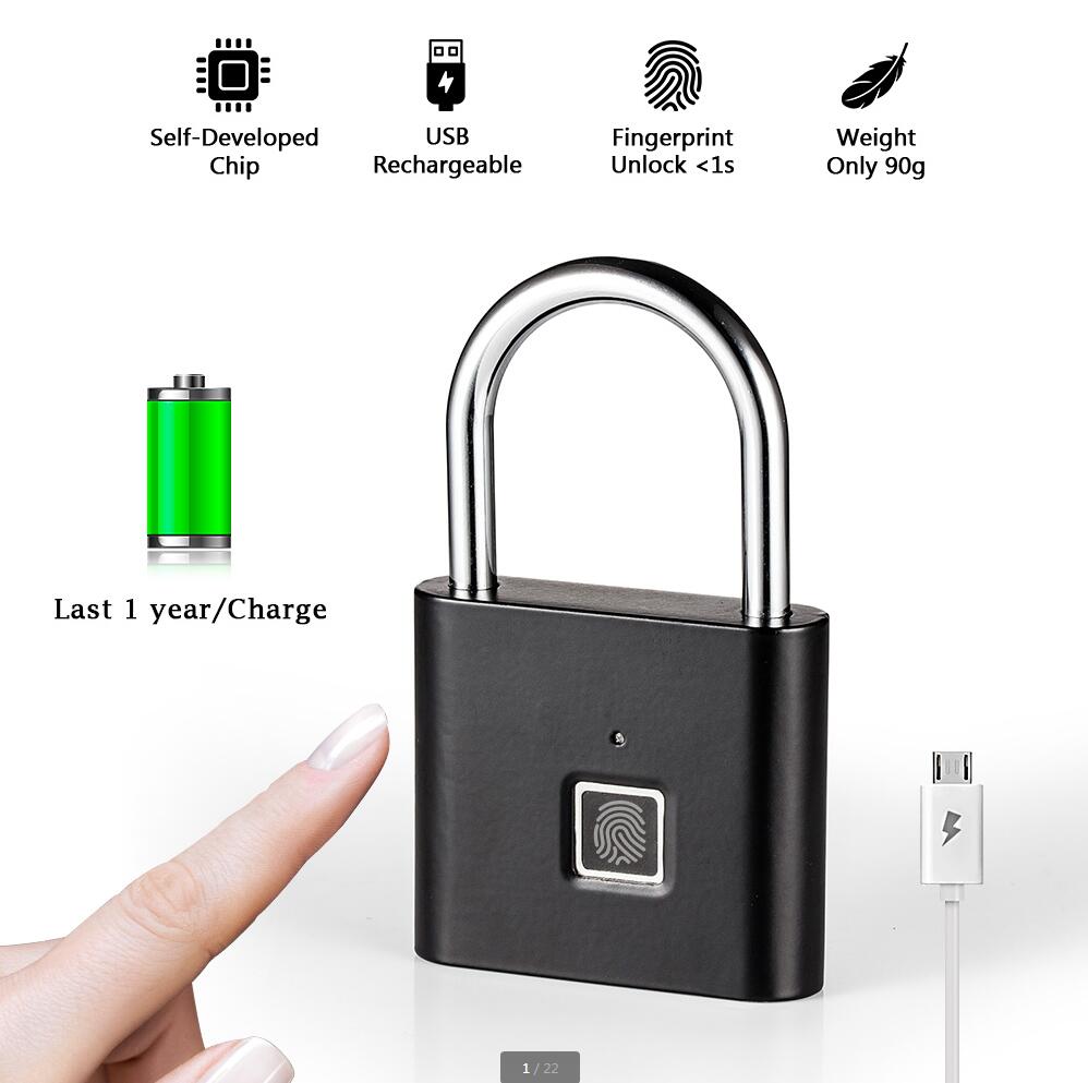 Nøglefri usb genopladelig dørlås fingeraftryk smart hængelås hurtig oplåsning zinklegering metal selvudviklende chip