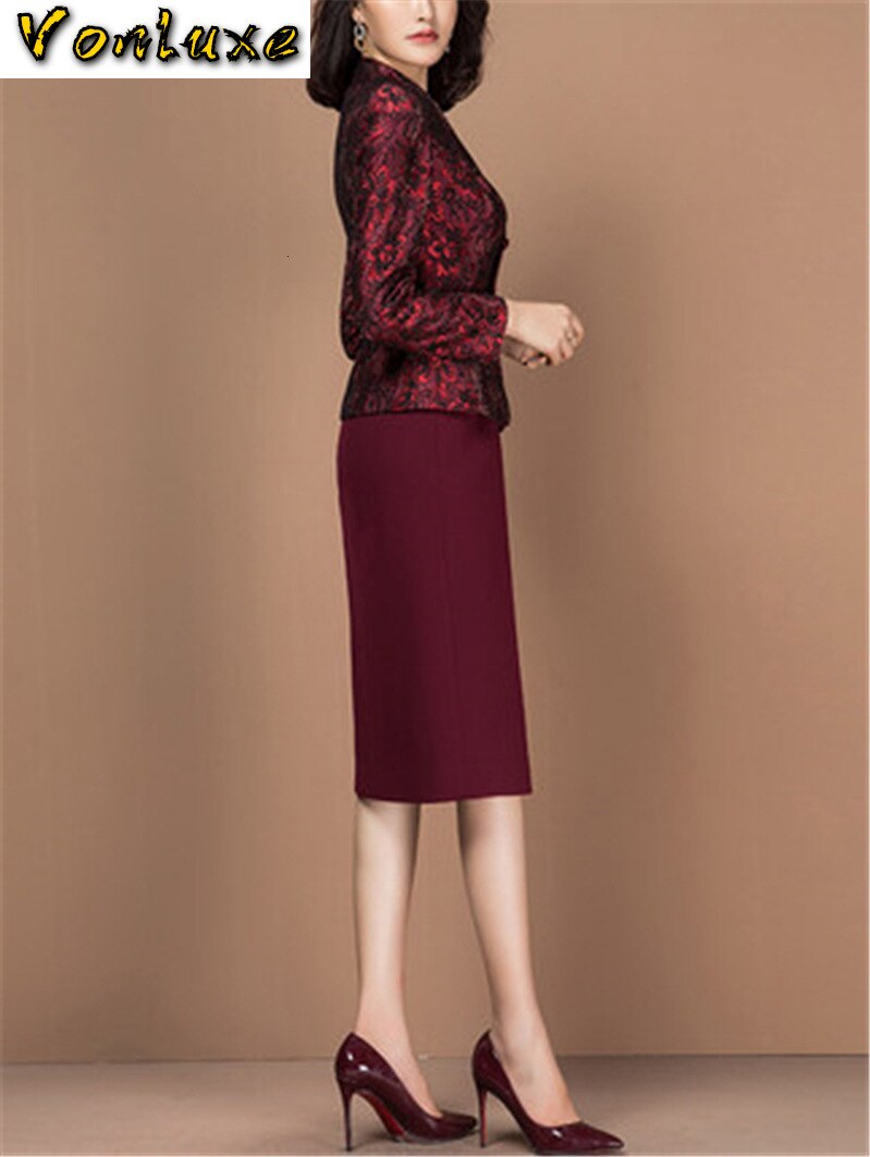 Dames kantoorkleding, nette bordeauxrode nette jas, 2 -delige set, zakelijke kleding, dames, plus size