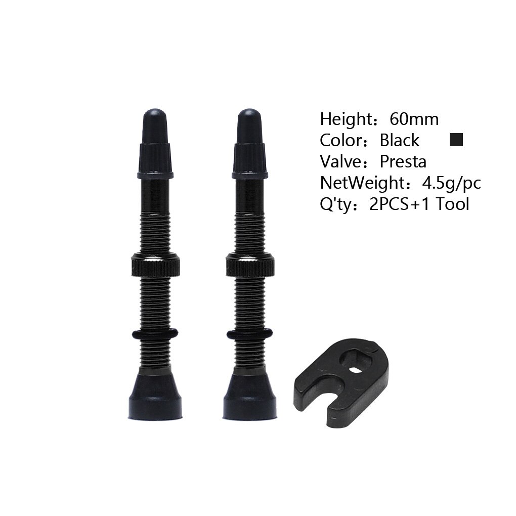 2 Pcs/set Bike Tire Air Valve Bike Tubeless Wheel Valve Kit Copper Core Alloy Stem Rubber Base: Black 60mm