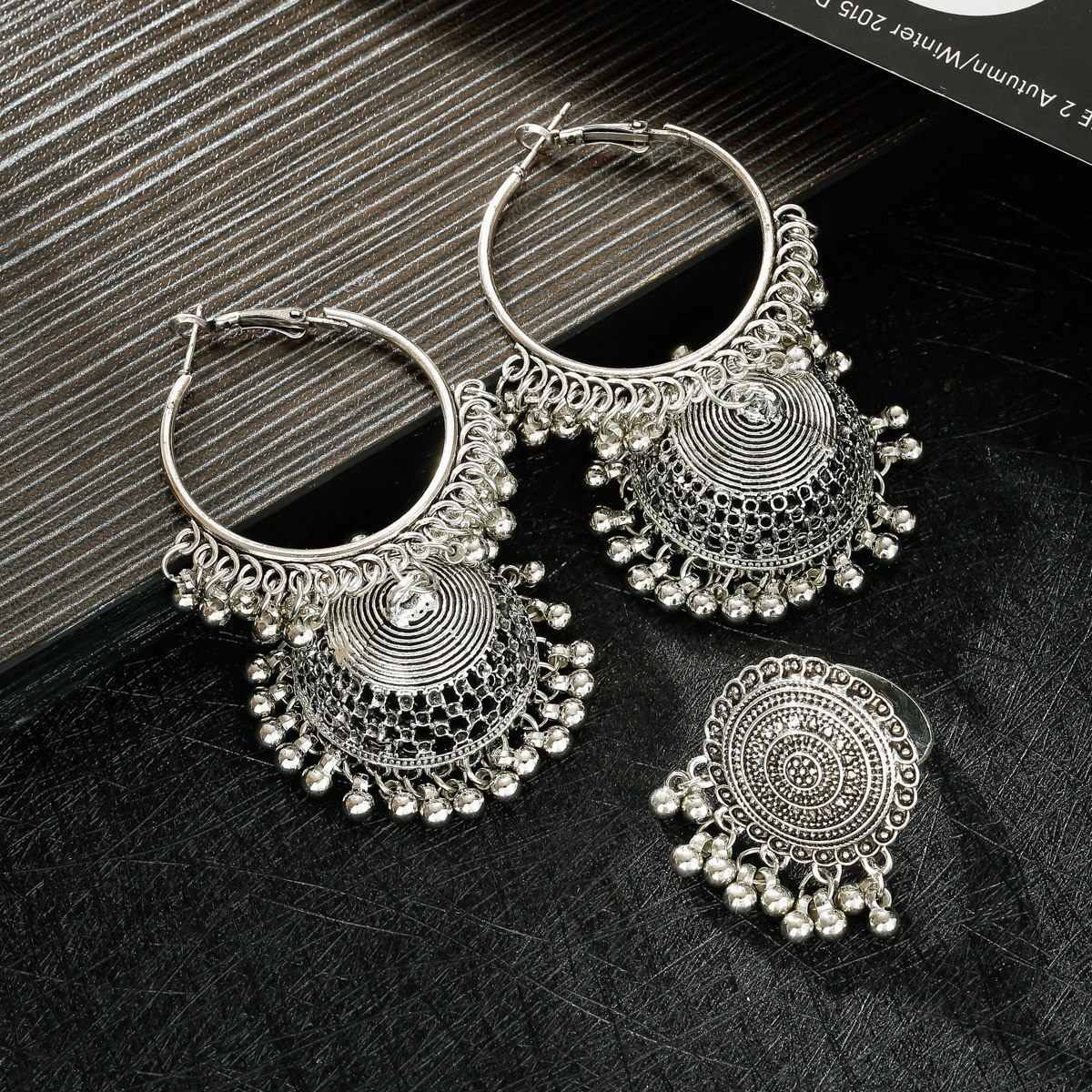 Dam & #39 ;s klassiska silverfärgade pärlörhänge/ringset bijoux bröllopssmycken galgar bohemia röda pärlor jhumka örhängen galgar: Stil 2