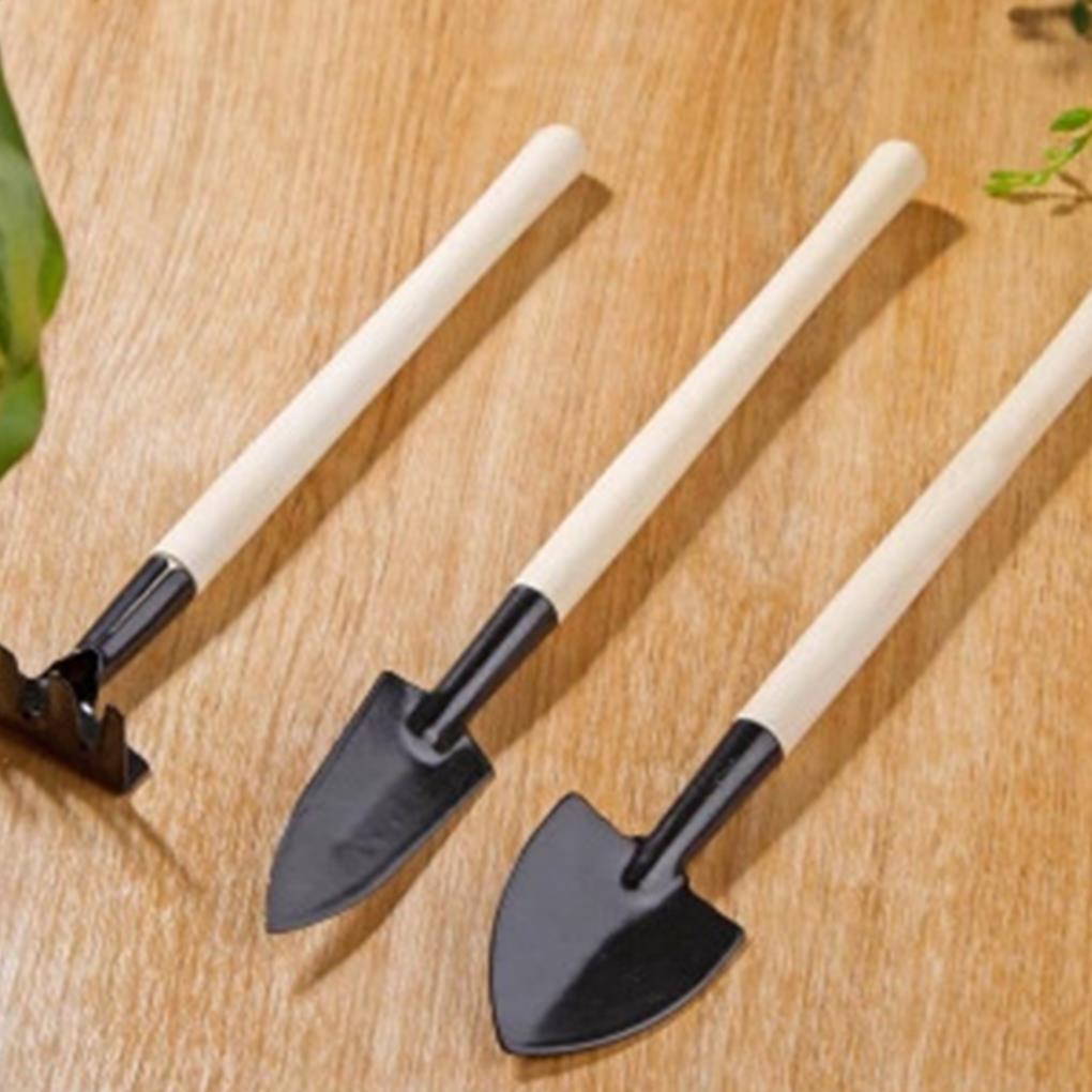 3pcs Mini Portable Gardening Tool Metal Head Shovel Rake Spade Plant Garden Soil Raising Flowers Wooden Handle Tool Set Garden