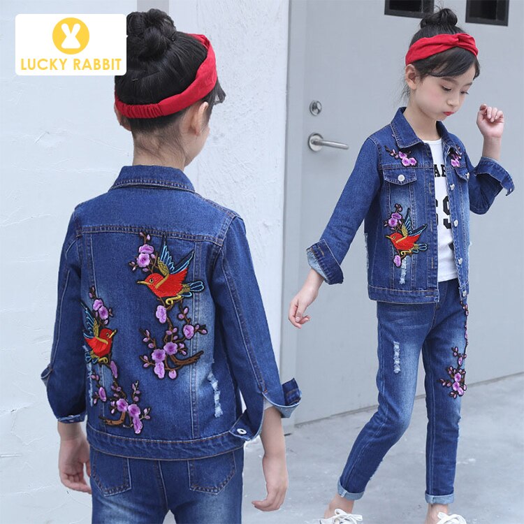 Boutique Teen Girls Coat Kids Spring Autumn Floral Embroidery Purple Flowers Jacket Girls Denim Single Jacket