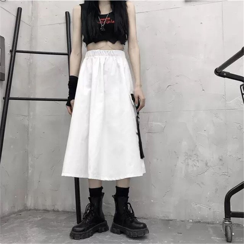 Falda larga de cintura alta para mujer, falda negra con bolsillos laterales y cadena, estilo coreano, ropa informal estilo Hip Hop Harajuku de talla grande: Blanco