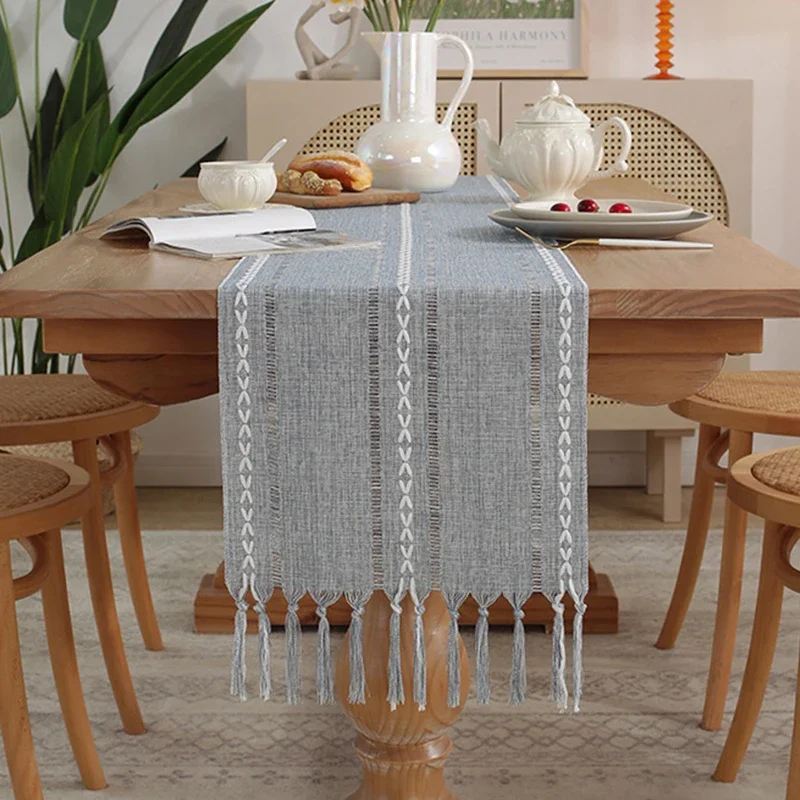 Bordlöpare i 1pc med tofsar, rustik duk i lantlig stil för babyshower, födelsedagsfest, bröllopsbordstillbehör: 35*200cm / Blå