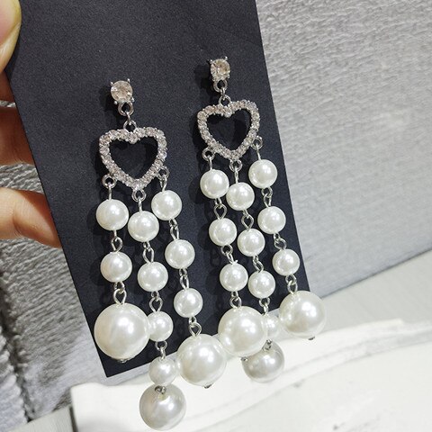 Full of pearls Heart Pendants Earrings Women Rhinestone Long Jewellery Charm Korean Earrings Girl: Default Title