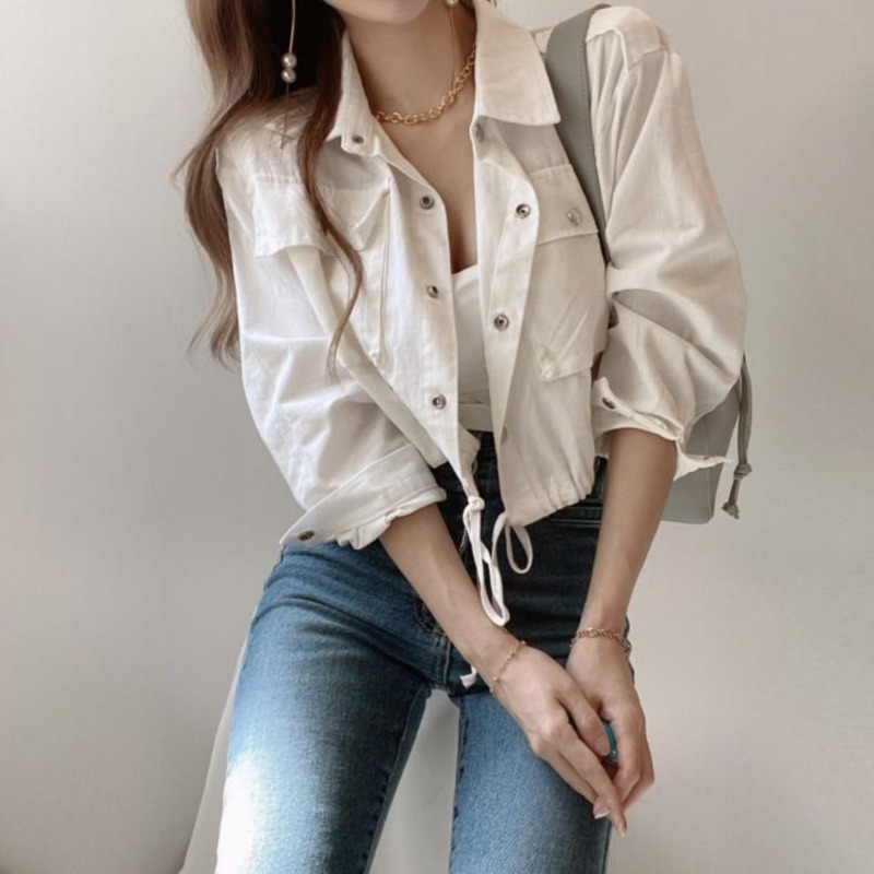 Ensfarvede jakker til kvinder i koreansk stil crop tops shirring enkeltradede knaplommer afslappet all-match daglig efterårs chic