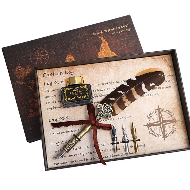 Vintage Calligraphy Quill Feather Dip Pen Writing Ink Nibs Set Stationery School