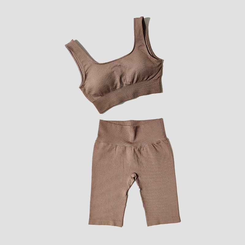 WAREBALL Seamless Women Yoga Set Sports Bra Sports Shorts Fitness Wear Outfit 2 Piece Gym Yoga Sets Workout Suits: S(45-55KG) / Brown
