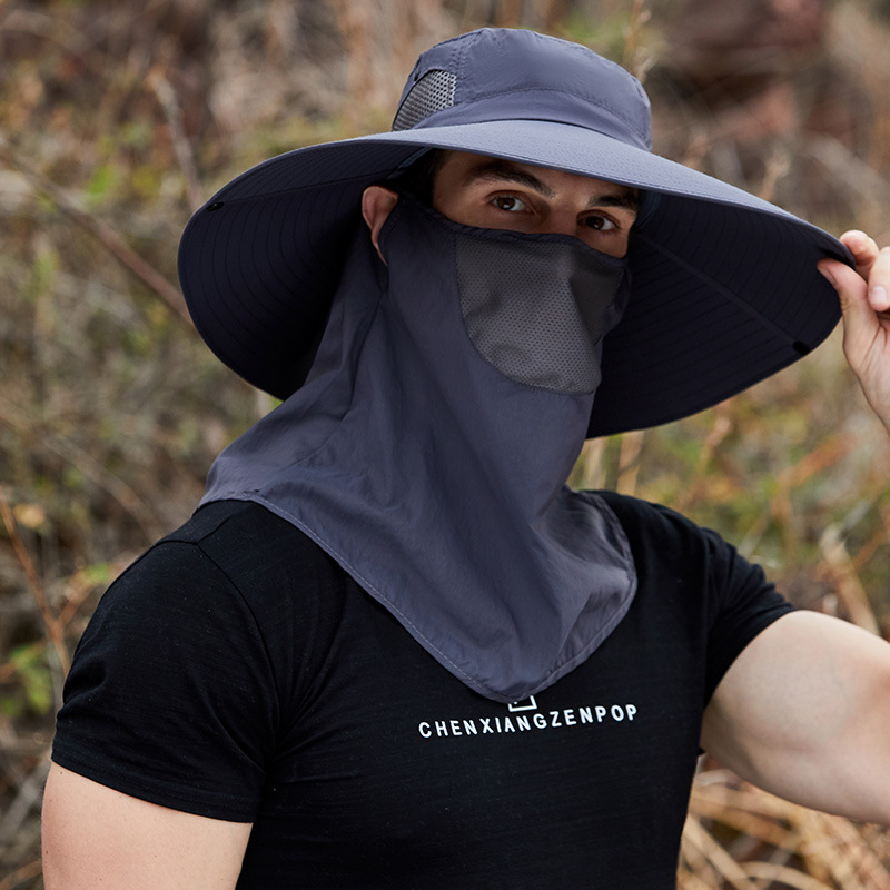 Removable Summer Sun Foldable Cowboy Hats Big Brim Caps Outdoor Anti-UV Fishing Hat Face Neck Protection Breatha Bucket Hat: navy hat and mask