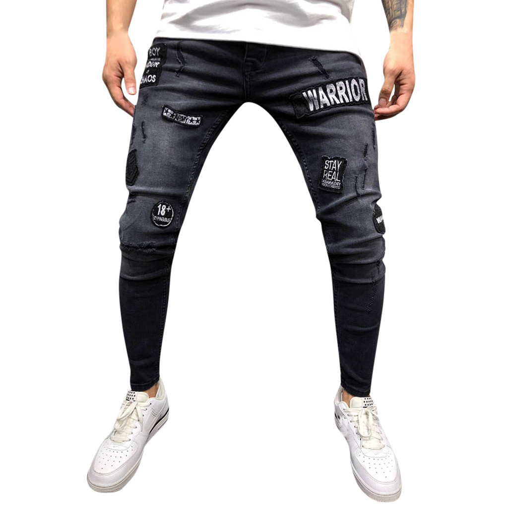 hommes crayon pantalon Stretch genou trous fermeture éclair Denim jean en détresse déchiré pantalon de sport coupe mince poche jean YL5: S