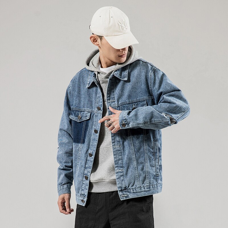 Streetwear tie-dye pocket solid color wild trend four seasons denim casual washed denim jacket men's jeans jacket coat