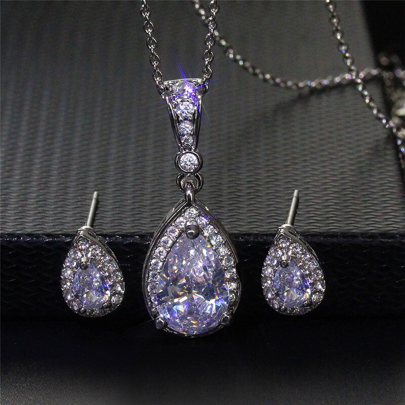 Luxury Female White Crystal Jewelry Set Charm Silver Color Stud Earrings For Women Dainty Geometry Zircon Wedding Chain Necklace