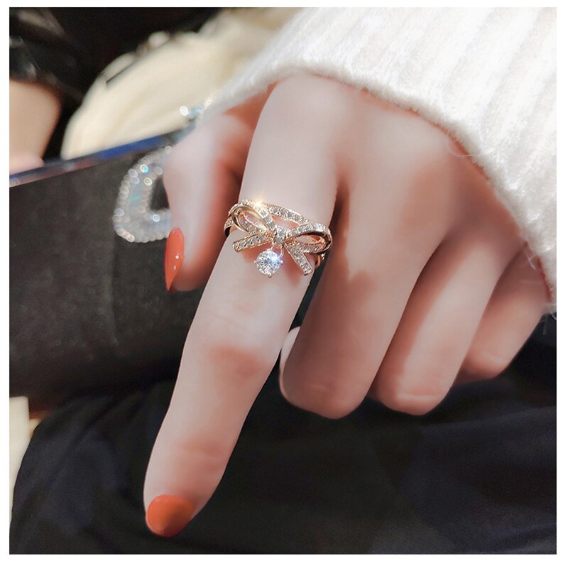 Mode Leuke Strik Ringen Crystal Rosegold Witte Kleur Ring Shiny Opening Wedding Ring Voor Vrouwen