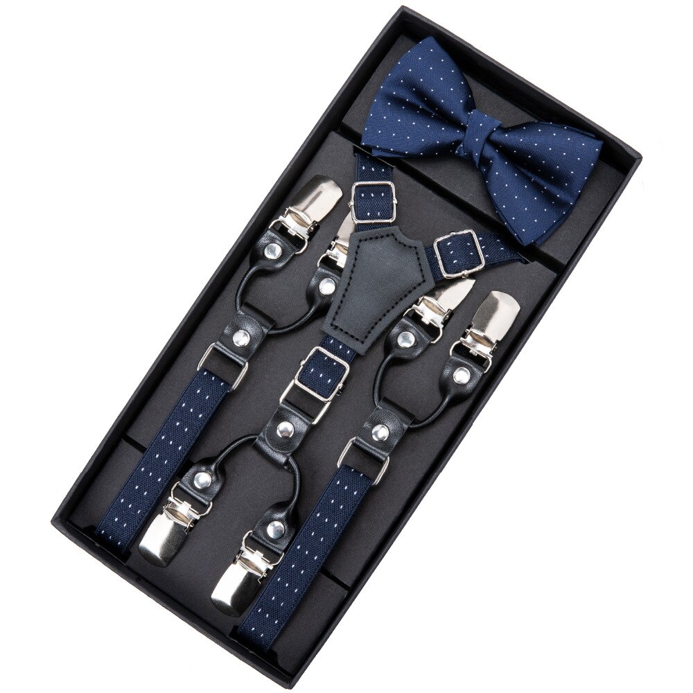 DiBanGu 6 Clips Mode Kinderen Leren Bretels Bandjes Met Strikje Broek Bretels Elastische Blauw Bowtie Verstelbare Bretels