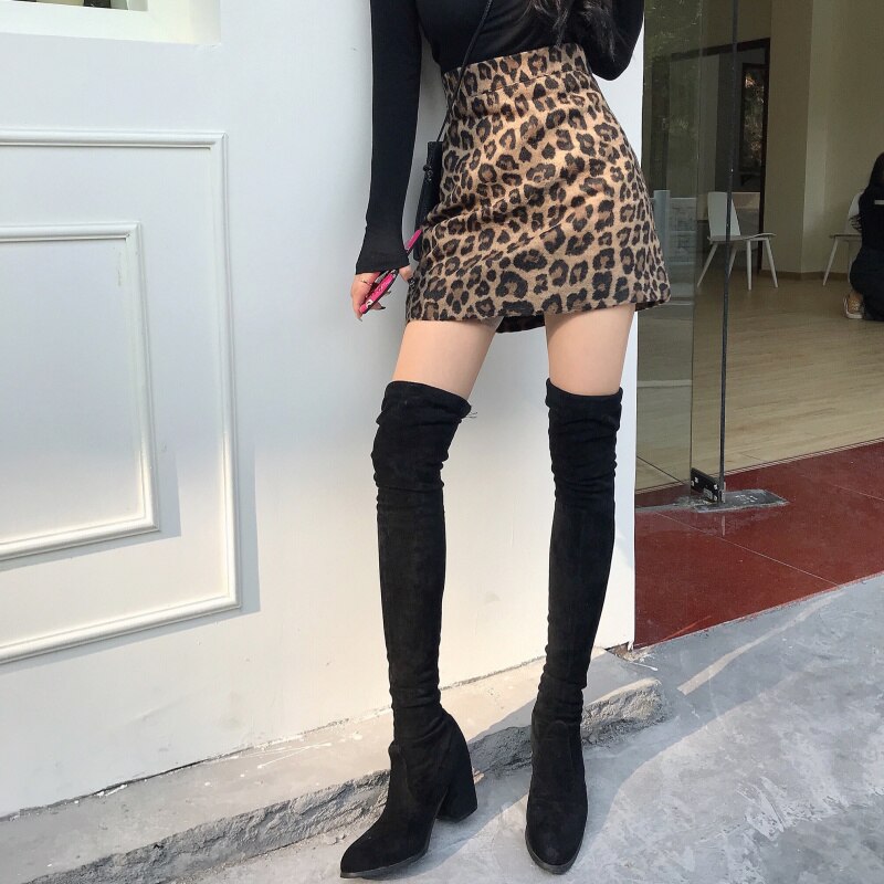 Winter Fall Womens Hoge Taille Mini Rok Animal Leopard Zachte Wol Rok Blend Leopard Bodycon Gebreide Mini Rok