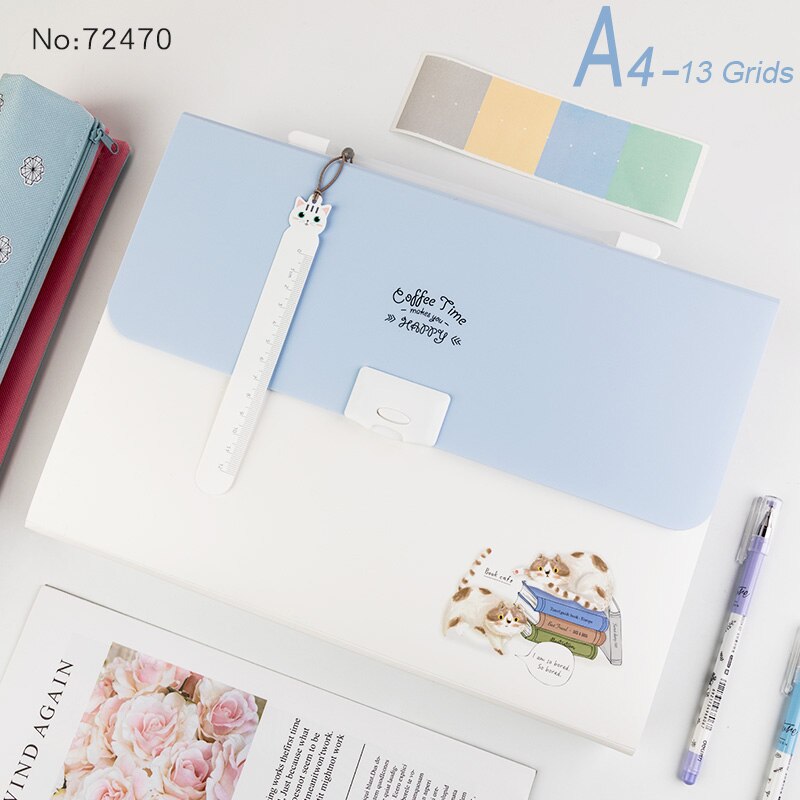 Cartella di File A4 cartella di File carina multistrato cartella trasparente Organizer borsa di archiviazione catalogo cartella di archivio semplice: 13 layers blue