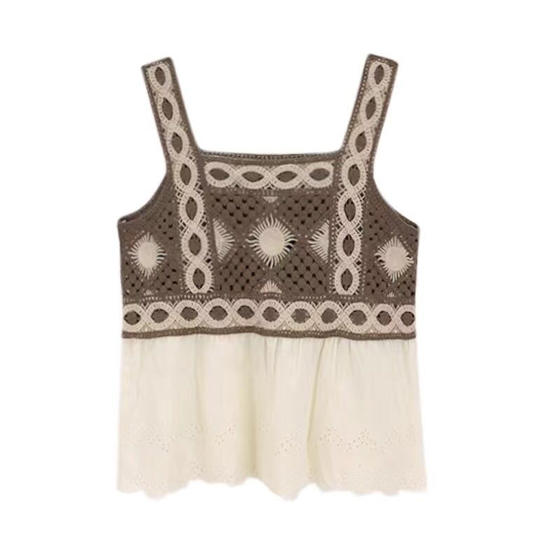 Patchwork cropped top dametøj strikket hul camisole kvindetøj rygløse blondetoppe dame tank-top sommer: Stil-a brun