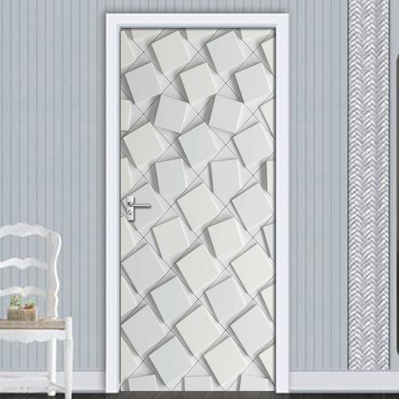 PVC Waterproof Self-adhesive Door Sticker 3D Abstract Geometric Graphic Gray Wallpaper Living Room Door Decor Wall Sticker Decal