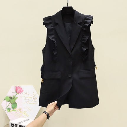 Blazer Long Vintage pour femmes, gilet Chic à bouton unique, costume sans manches, veste d&#39;extérieur, hauts, printemps automne 2022: Black / XL