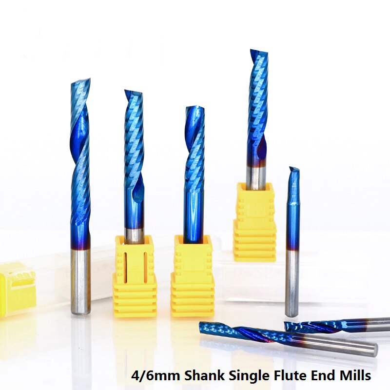 1pc 4mm/6mm Shank Single Flute End Milling Cutter Nano Blue Coated Tungsten Carbide CNC Router Bit 1 Flute Engraving Bit