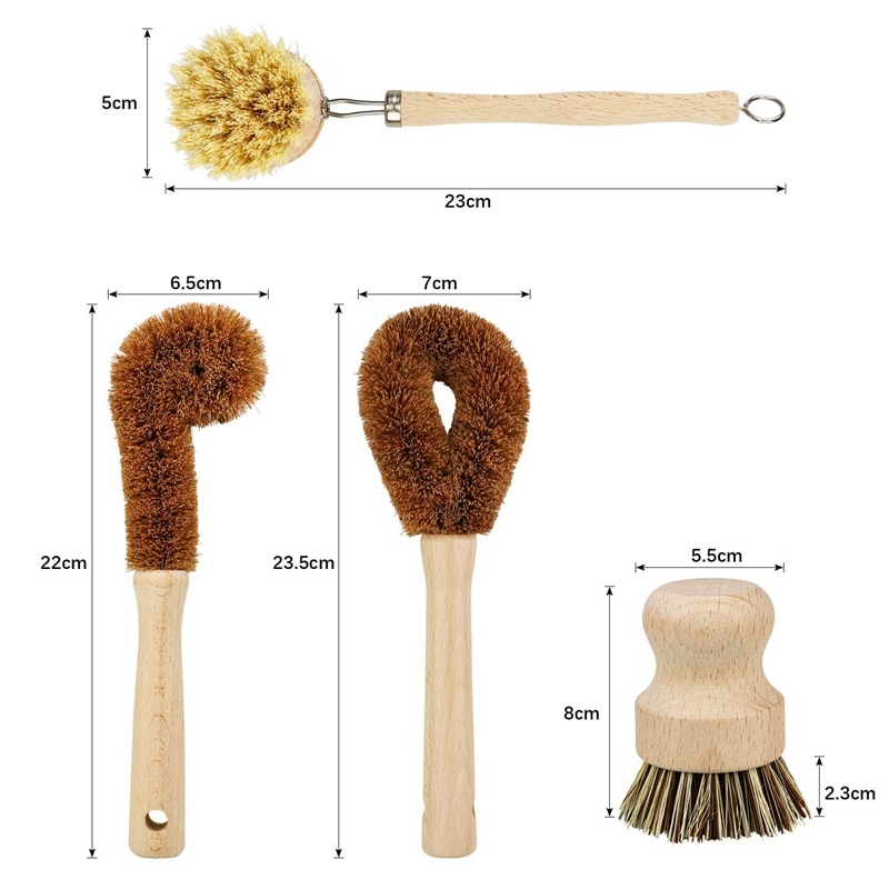 Juego de cepillo de limpieza a base de plantas de 4 piezas, madera de haya y cerdas de coco, sartén de madera y cepillo para limpiar ollas, cepillo de botella, plato B