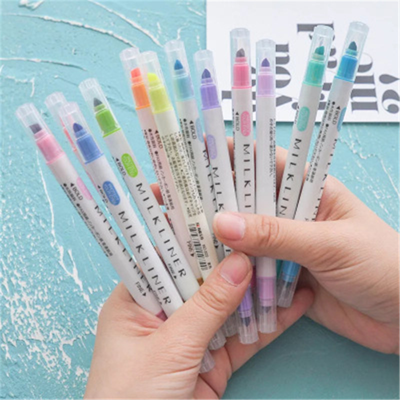12 Pcs/set Japanese Milkliner Pens Milk liner Double Headed Fluorescent Pen Cute Art Highlighter Drawing Mark Pen Stationery