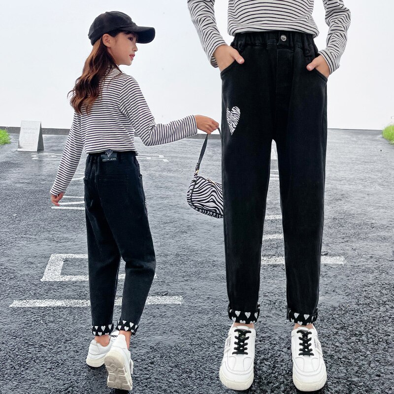 Pantalones vaqueros negros para niños y niñas adolescentes, pantalones bombachos informales de a la con estampado, talla nueva 2022, primavera y otoño, 10/12