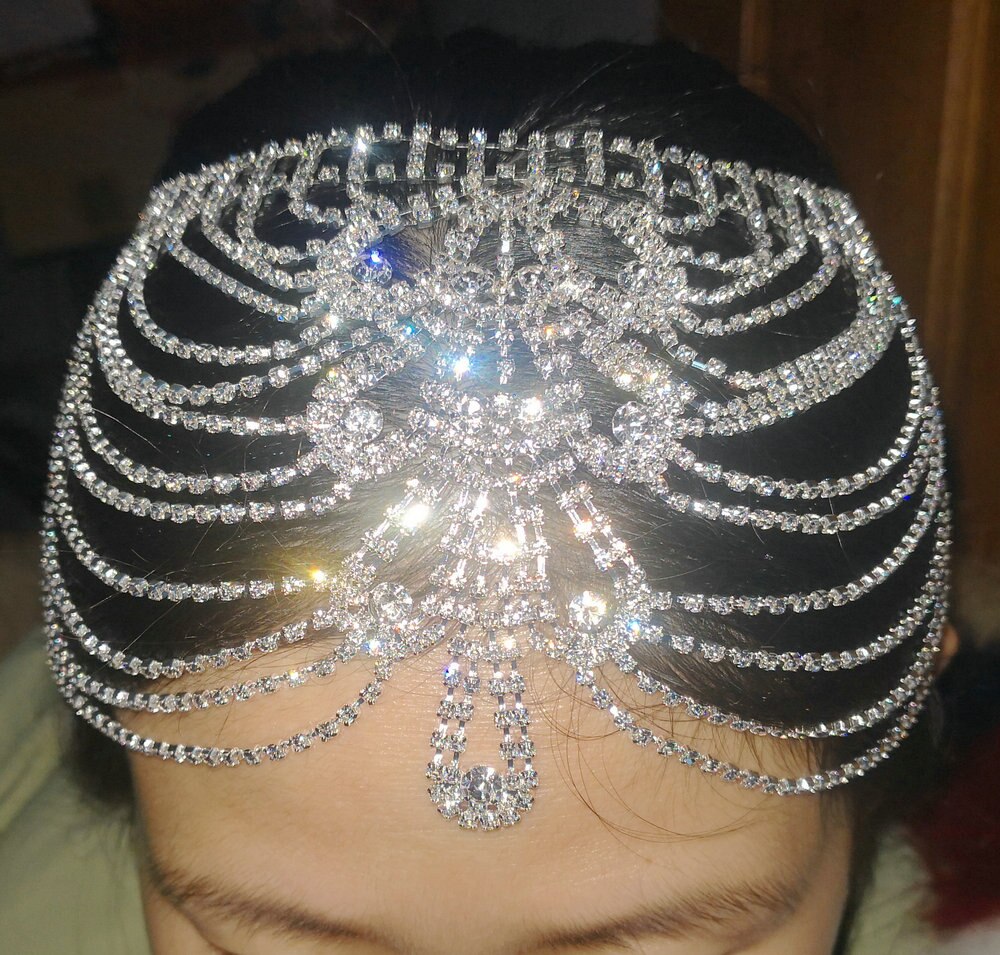 Bruids Hoofddeksel Crystal Strass Ketting Flapper Cap Bruiloft Gatsby Accessoires Party Achterzijde Voorhoofd Head Band Stuk Sieraden