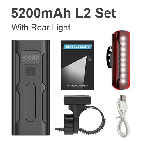 NEWBOLER 2400 / 5200mAh Luz de bicicleta 3 LED Pantalla digital L2 T6 Luz delantera de bicicleta USB faro de ciclismo recargable como banco de energía: 5200mAh L2 Set