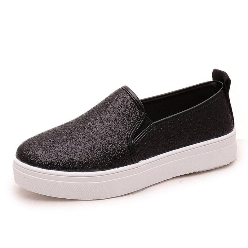 Women Sequined Slip On Loafers Thick Bottom Ladies Flat Shoes Spring Comfortable Platform Flats Casual Footwear: black / 8.5