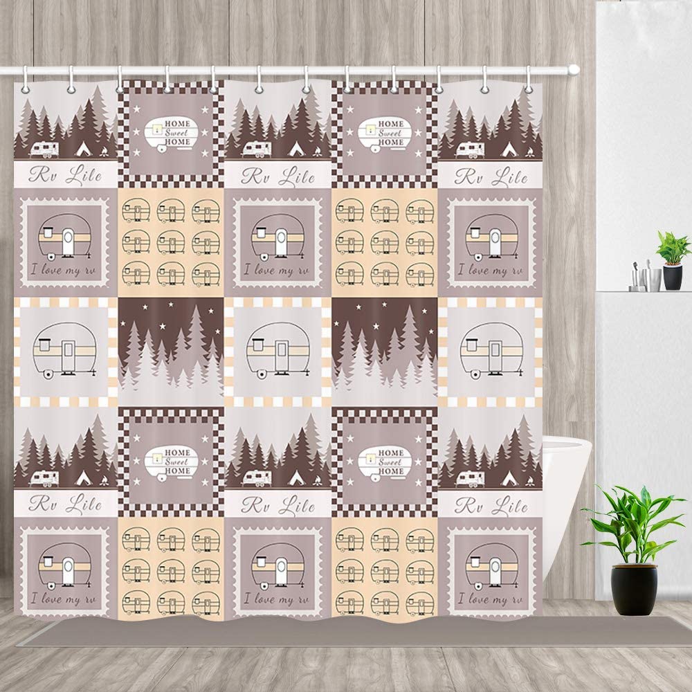 RV Camping Shower Curtain Motorhome Camper Stars RV Live Fabric Set with 12 Hooks Bathroom Waterproof Bath Curtains: 230x180cm-90x70inch