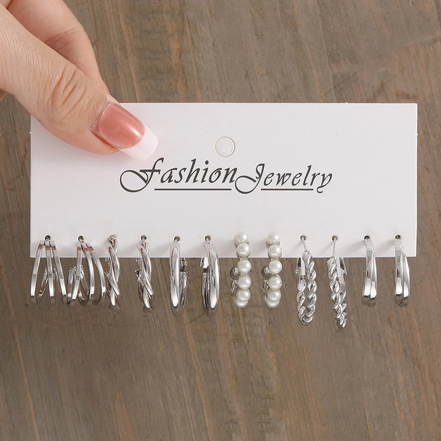 Silver Color Pearl Twist Hoop Earrings Set For Women Jewelry pendientes Vintage Circle Geometric Dangle Earrings Trendy: Light Yellow Gold Color